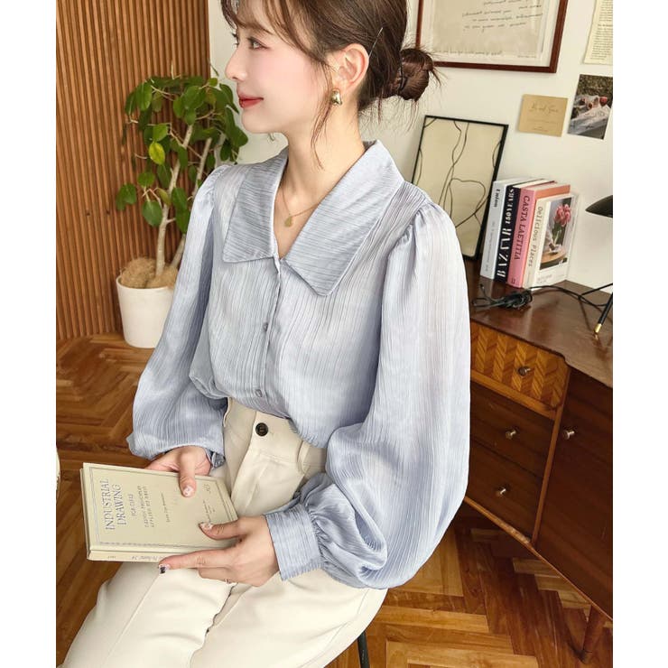 シアーランダムプリーツレトロカラーボリュームスリーブブラウス | moment+ | 詳細画像18 