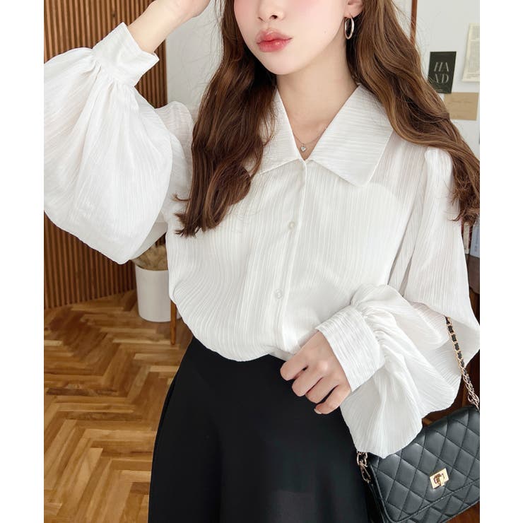 シアーランダムプリーツレトロカラーボリュームスリーブブラウス | moment+ | 詳細画像3 