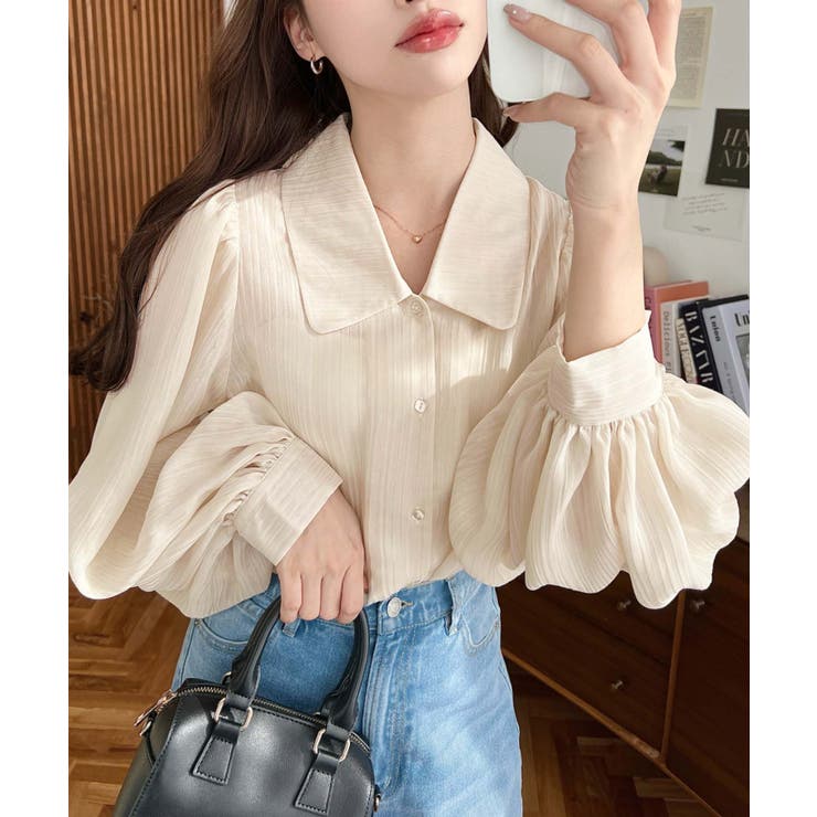 シアーランダムプリーツレトロカラーボリュームスリーブブラウス | moment+ | 詳細画像30 