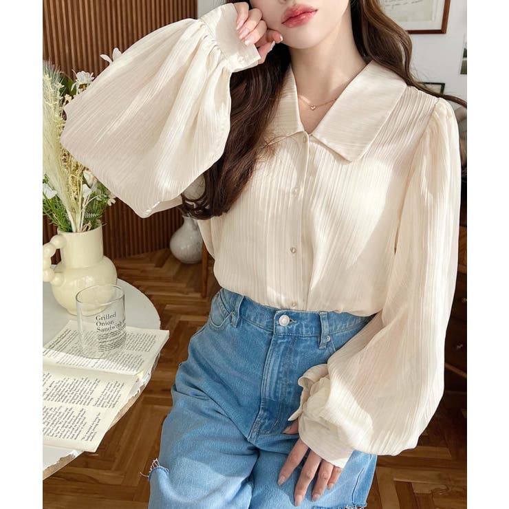 シアーランダムプリーツレトロカラーボリュームスリーブブラウス | moment+ | 詳細画像31 