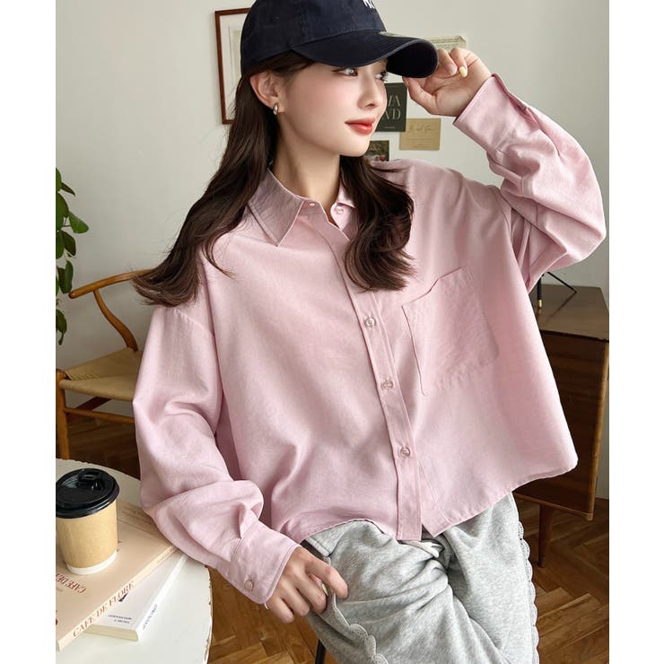 ピンク　 | エステルスラブショート丈長袖シャツ | moment+