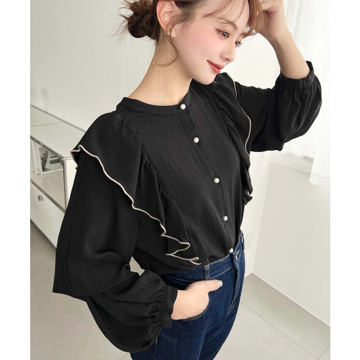 パール釦マルチウェイ配色メローフリル長袖ブラウス | moment+ | 詳細画像10 