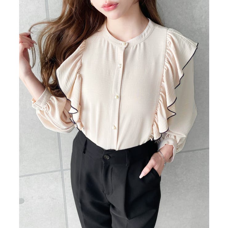 パール釦マルチウェイ配色メローフリル長袖ブラウス | moment+ | 詳細画像13 