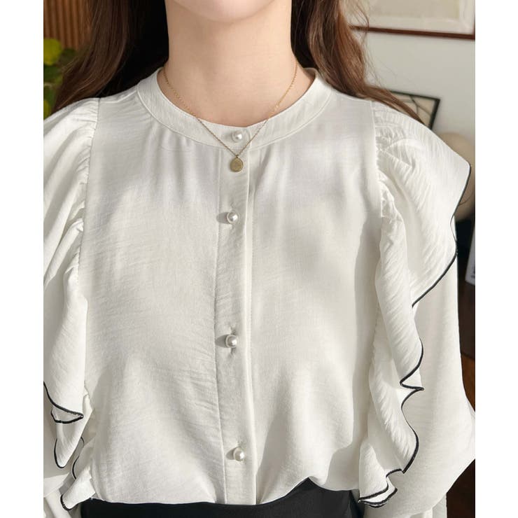 パール釦マルチウェイ配色メローフリル長袖ブラウス | moment+ | 詳細画像16 