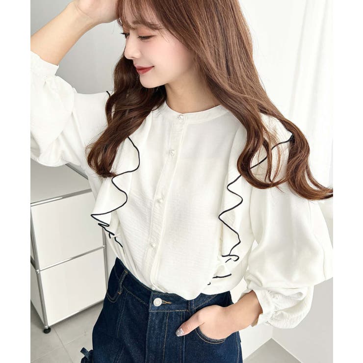 パール釦マルチウェイ配色メローフリル長袖ブラウス | moment+ | 詳細画像2 