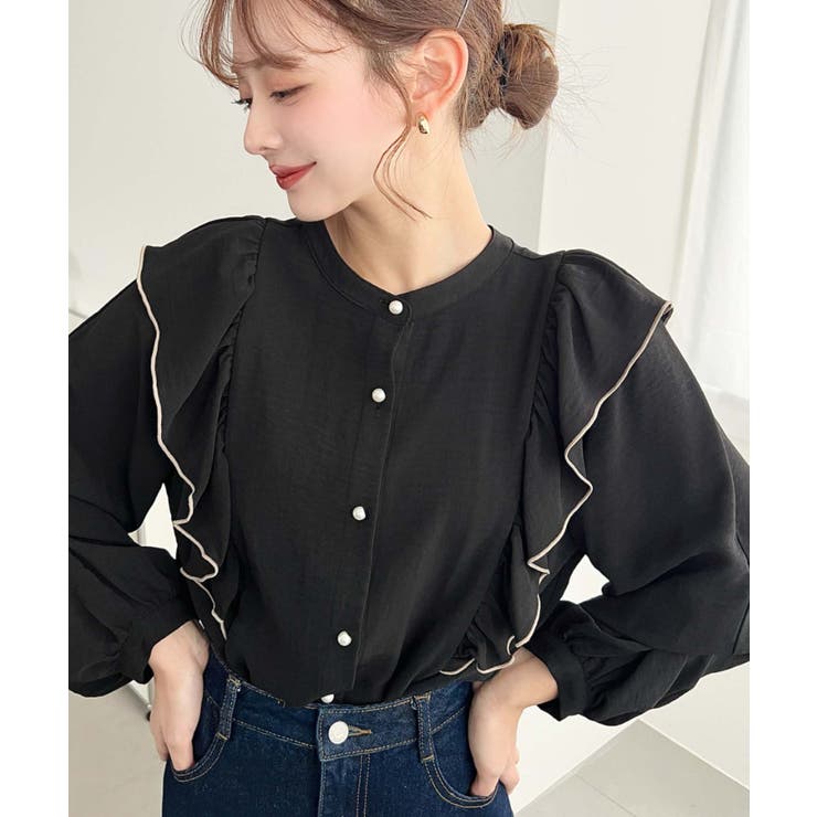 パール釦マルチウェイ配色メローフリル長袖ブラウス | moment+ | 詳細画像7 