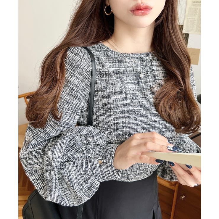 ブラック | カラーツイードボリュームスリーブプルオーバー | moment+