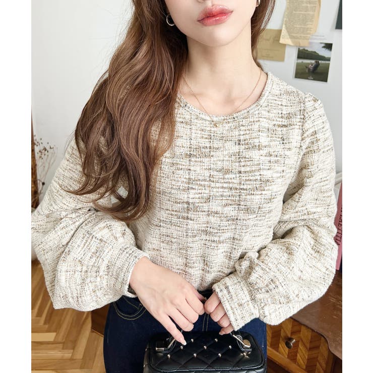 ベージュ | カラーツイードボリュームスリーブプルオーバー | moment+