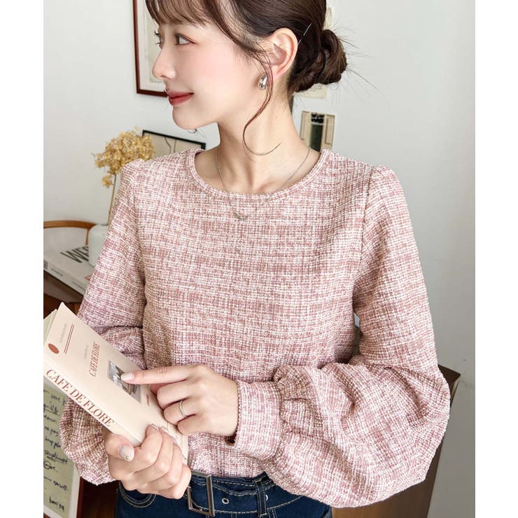 ピンク | カラーツイードボリュームスリーブプルオーバー | moment+