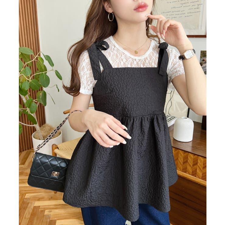 エンボスふくれフラワージャガード肩リボンペプラムビスチェ | moment+ | 詳細画像1 