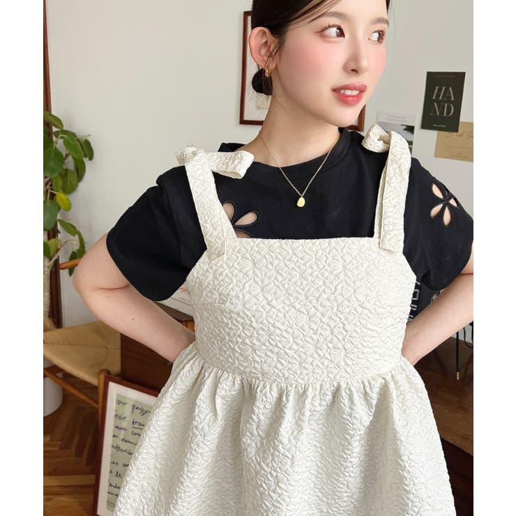 エンボスふくれフラワージャガード肩リボンペプラムビスチェ | moment+ | 詳細画像10 