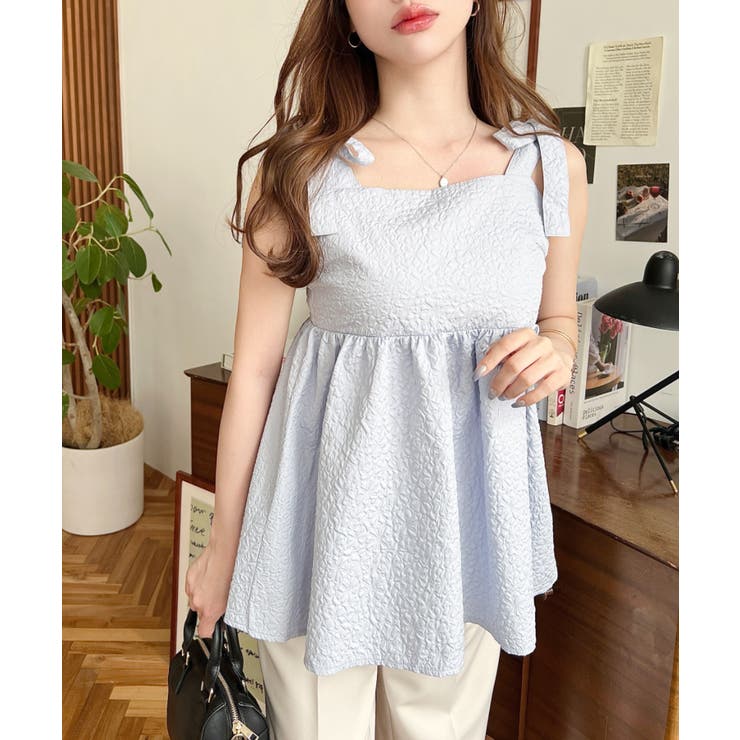 エンボスふくれフラワージャガード肩リボンペプラムビスチェ | moment+ | 詳細画像12 