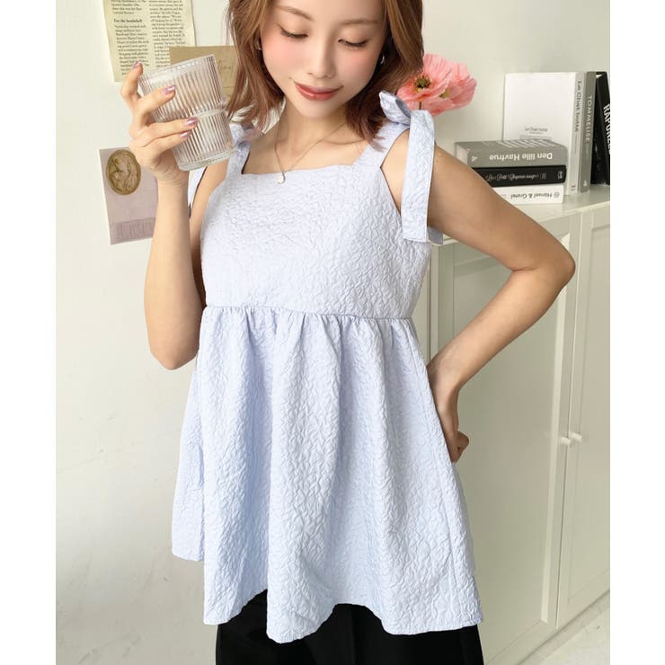 エンボスふくれフラワージャガード肩リボンペプラムビスチェ | moment+ | 詳細画像15 