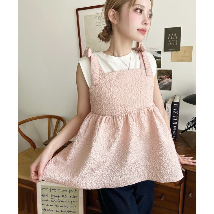 エンボスふくれフラワージャガード肩リボンペプラムビスチェ | moment+ | 詳細画像20 