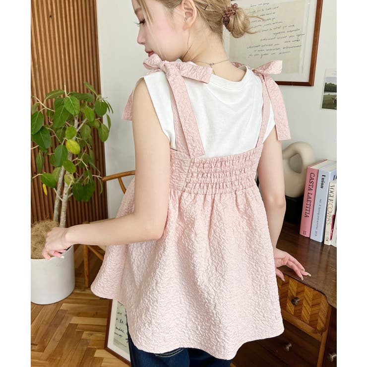 エンボスふくれフラワージャガード肩リボンペプラムビスチェ | moment+ | 詳細画像22 