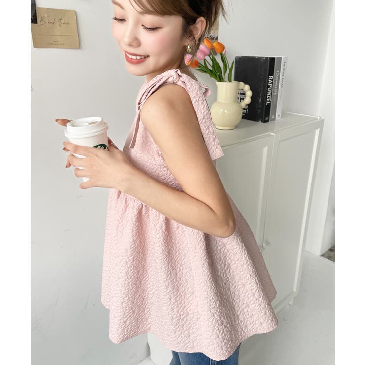 エンボスふくれフラワージャガード肩リボンペプラムビスチェ | moment+ | 詳細画像31 