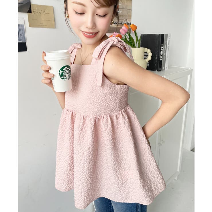 エンボスふくれフラワージャガード肩リボンペプラムビスチェ | moment+ | 詳細画像34 