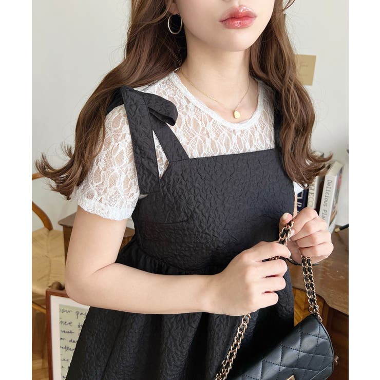 エンボスふくれフラワージャガード肩リボンペプラムビスチェ | moment+ | 詳細画像38 