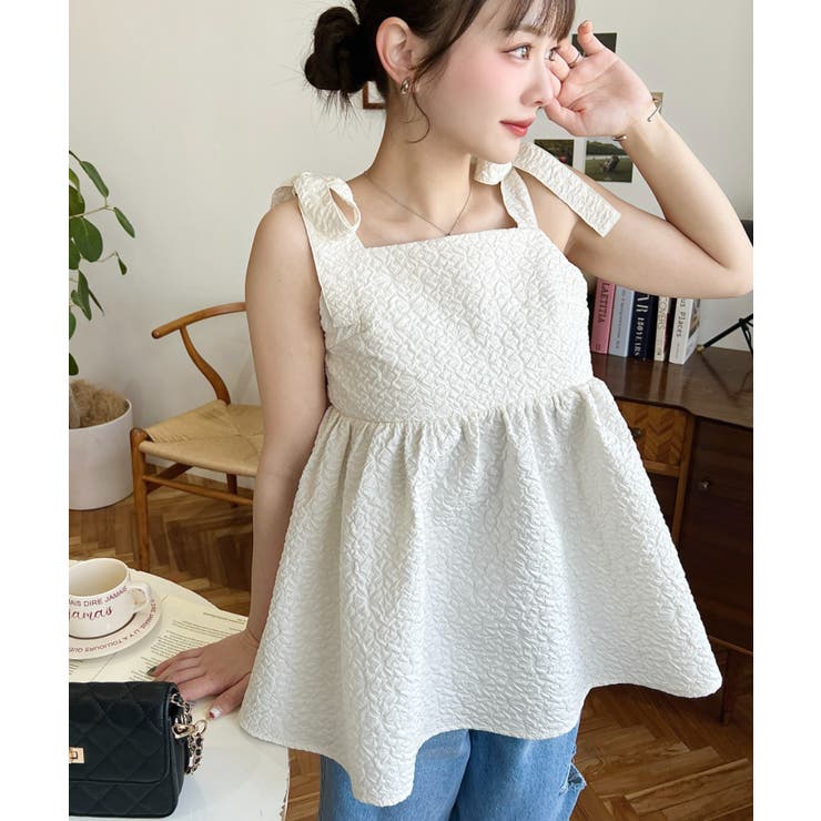 エンボスふくれフラワージャガード肩リボンペプラムビスチェ | moment+ | 詳細画像4 