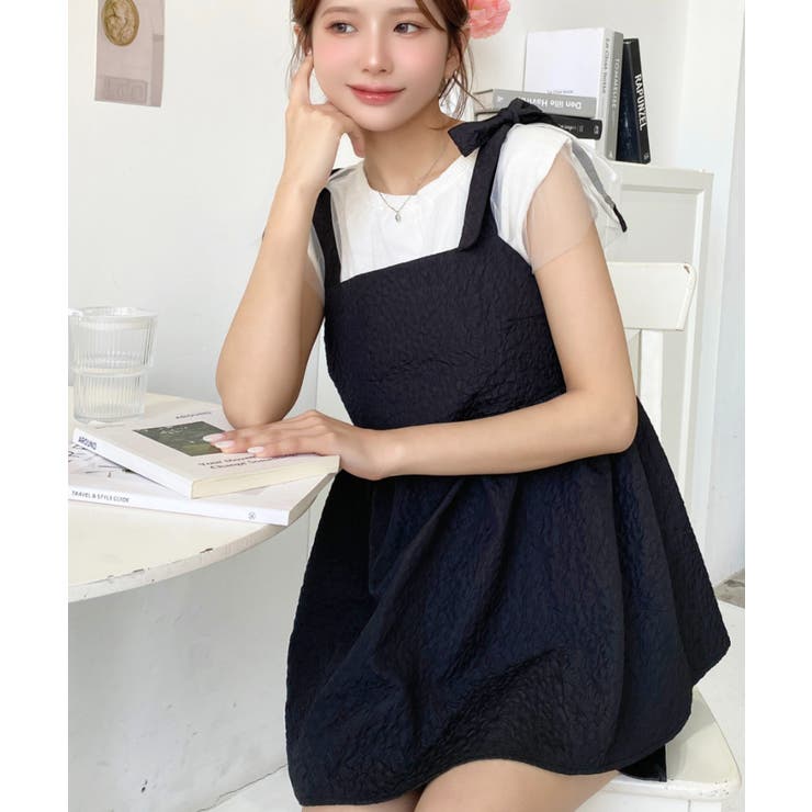 エンボスふくれフラワージャガード肩リボンペプラムビスチェ | moment+ | 詳細画像45 