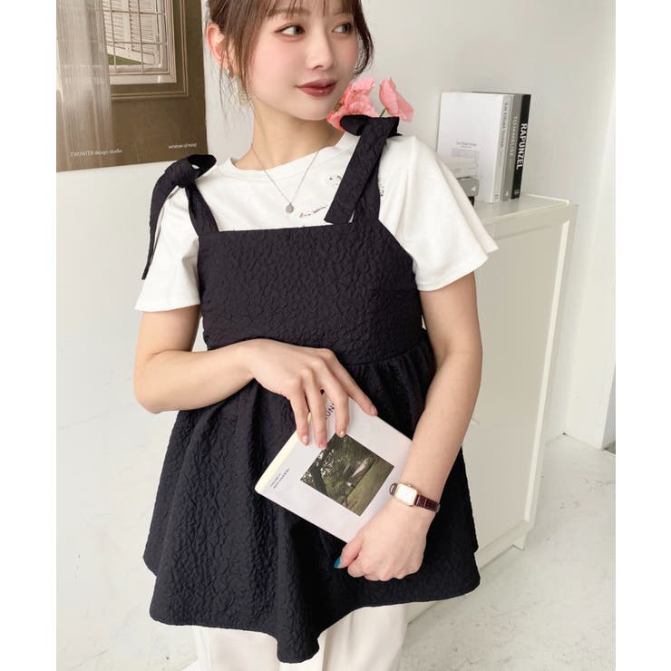 エンボスふくれフラワージャガード肩リボンペプラムビスチェ | moment+ | 詳細画像47 