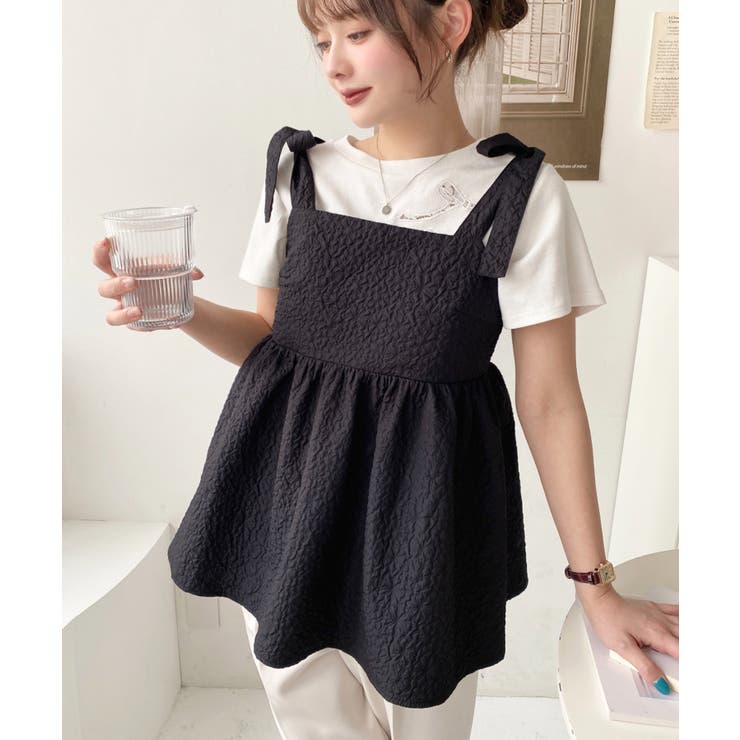 エンボスふくれフラワージャガード肩リボンペプラムビスチェ | moment+ | 詳細画像49 