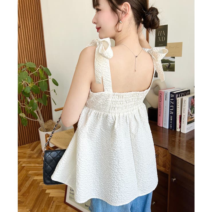 エンボスふくれフラワージャガード肩リボンペプラムビスチェ | moment+ | 詳細画像5 