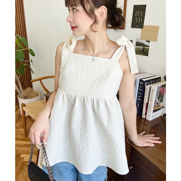 エンボスふくれフラワージャガード肩リボンペプラムビスチェ | moment+ | 詳細画像6 