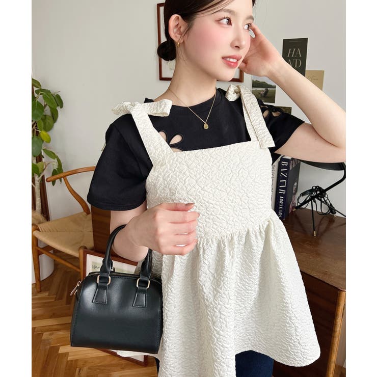 エンボスふくれフラワージャガード肩リボンペプラムビスチェ | moment+ | 詳細画像7 