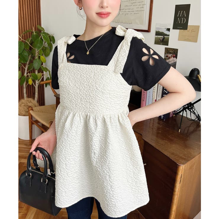 エンボスふくれフラワージャガード肩リボンペプラムビスチェ | moment+ | 詳細画像8 