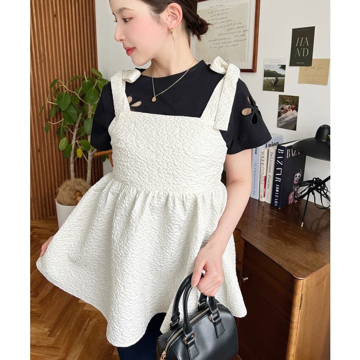 エンボスふくれフラワージャガード肩リボンペプラムビスチェ | moment+ | 詳細画像9 