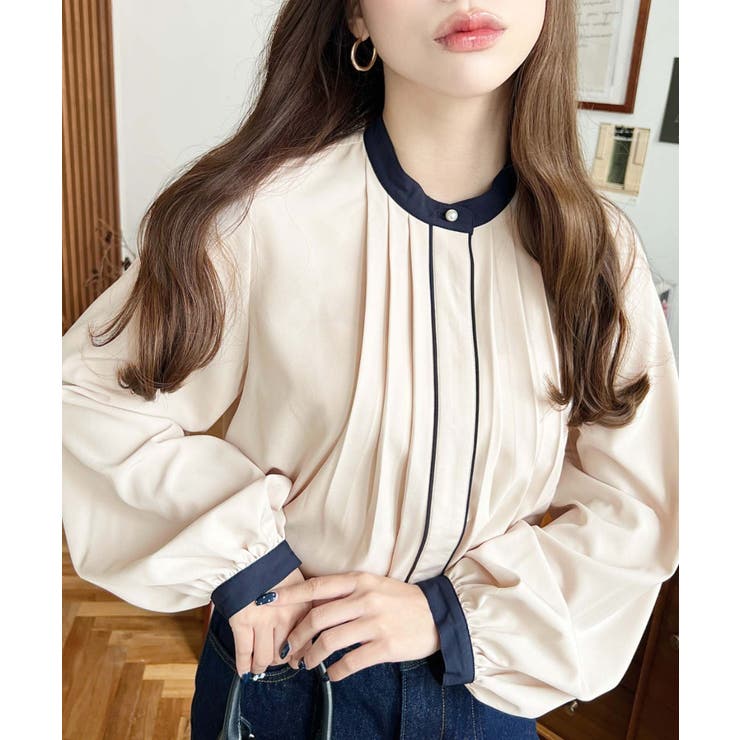 フロントタックバイカラーデザイン長袖ブラウス | moment+ | 詳細画像11 