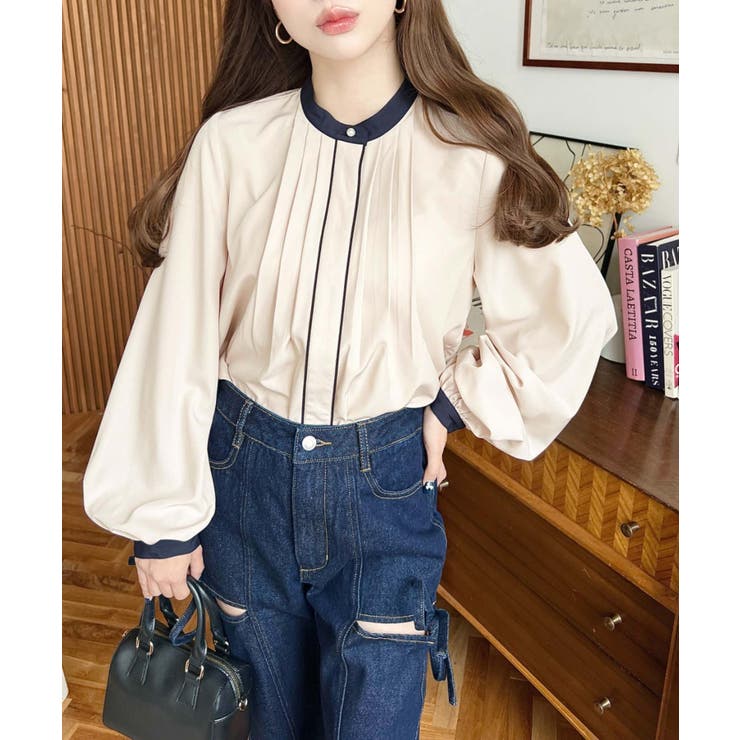 フロントタックバイカラーデザイン長袖ブラウス | moment+ | 詳細画像12 