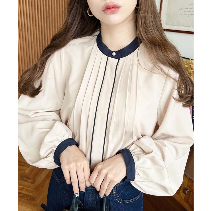 フロントタックバイカラーデザイン長袖ブラウス | moment+ | 詳細画像14 