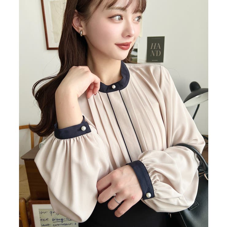 フロントタックバイカラーデザイン長袖ブラウス | moment+ | 詳細画像15 