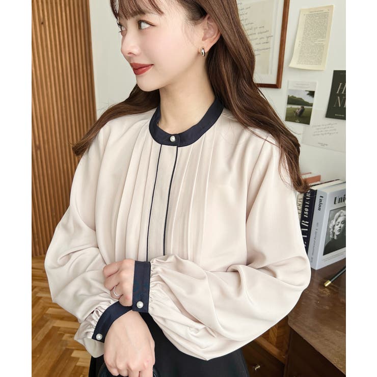 フロントタックバイカラーデザイン長袖ブラウス | moment+ | 詳細画像16 