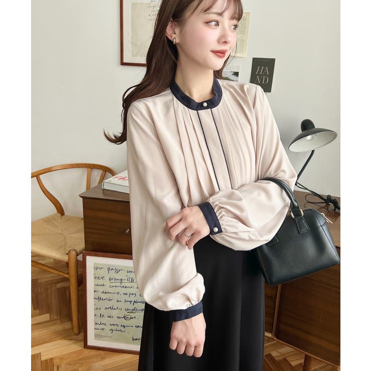 フロントタックバイカラーデザイン長袖ブラウス | moment+ | 詳細画像18 