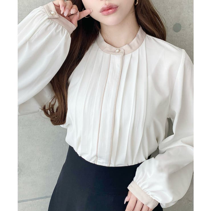 フロントタックバイカラーデザイン長袖ブラウス | moment+ | 詳細画像2 