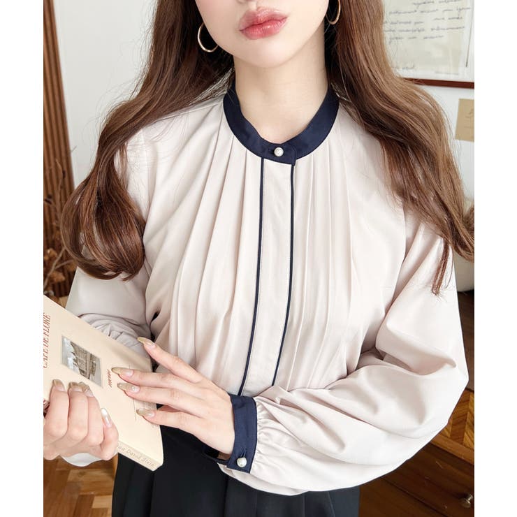 フロントタックバイカラーデザイン長袖ブラウス | moment+ | 詳細画像24 