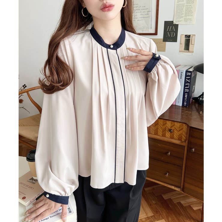 フロントタックバイカラーデザイン長袖ブラウス | moment+ | 詳細画像26 