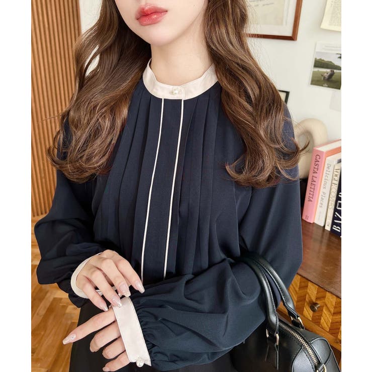 フロントタックバイカラーデザイン長袖ブラウス | moment+ | 詳細画像27 