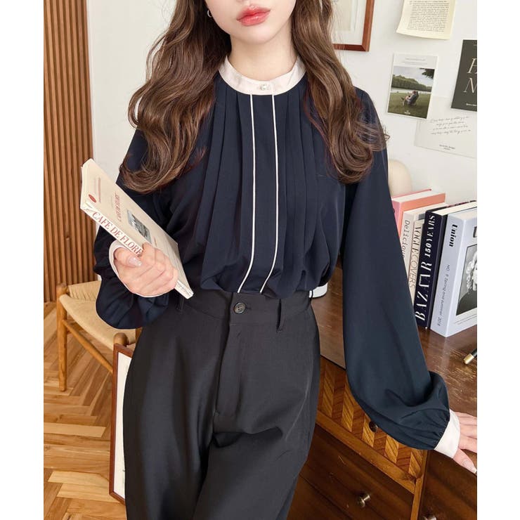 フロントタックバイカラーデザイン長袖ブラウス | moment+ | 詳細画像28 