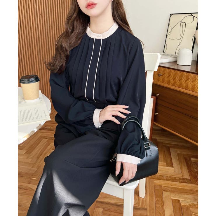 フロントタックバイカラーデザイン長袖ブラウス | moment+ | 詳細画像30 