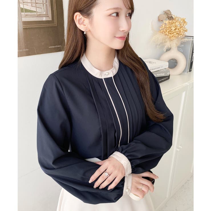 フロントタックバイカラーデザイン長袖ブラウス | moment+ | 詳細画像31 