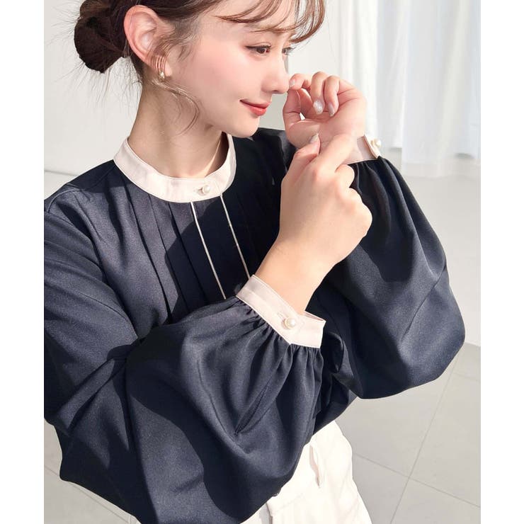 フロントタックバイカラーデザイン長袖ブラウス | moment+ | 詳細画像32 