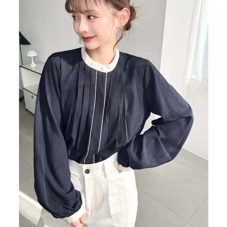 フロントタックバイカラーデザイン長袖ブラウス | moment+ | 詳細画像33 