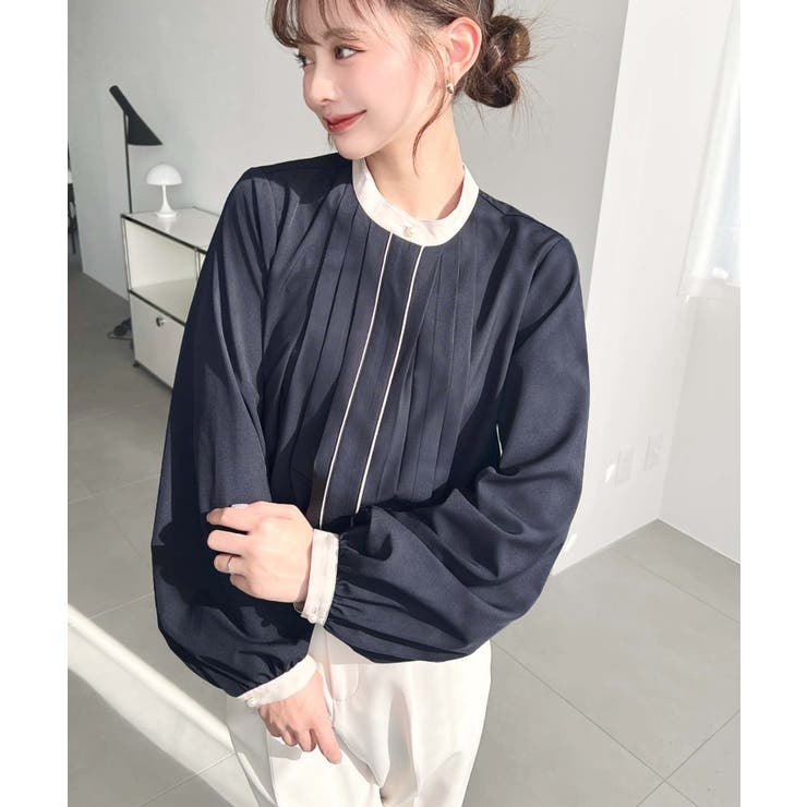 フロントタックバイカラーデザイン長袖ブラウス | moment+ | 詳細画像34 