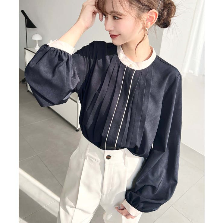 フロントタックバイカラーデザイン長袖ブラウス | moment+ | 詳細画像35 