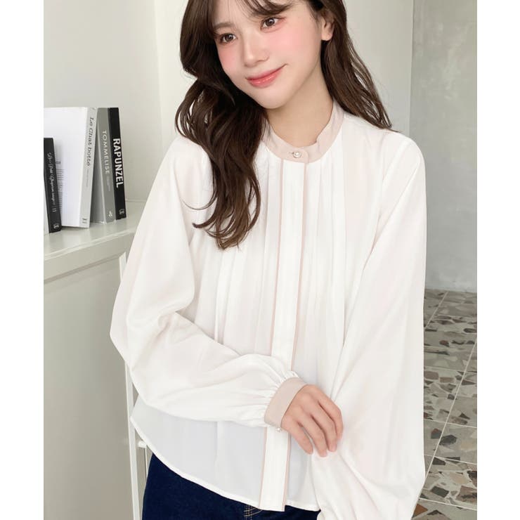 フロントタックバイカラーデザイン長袖ブラウス | moment+ | 詳細画像6 