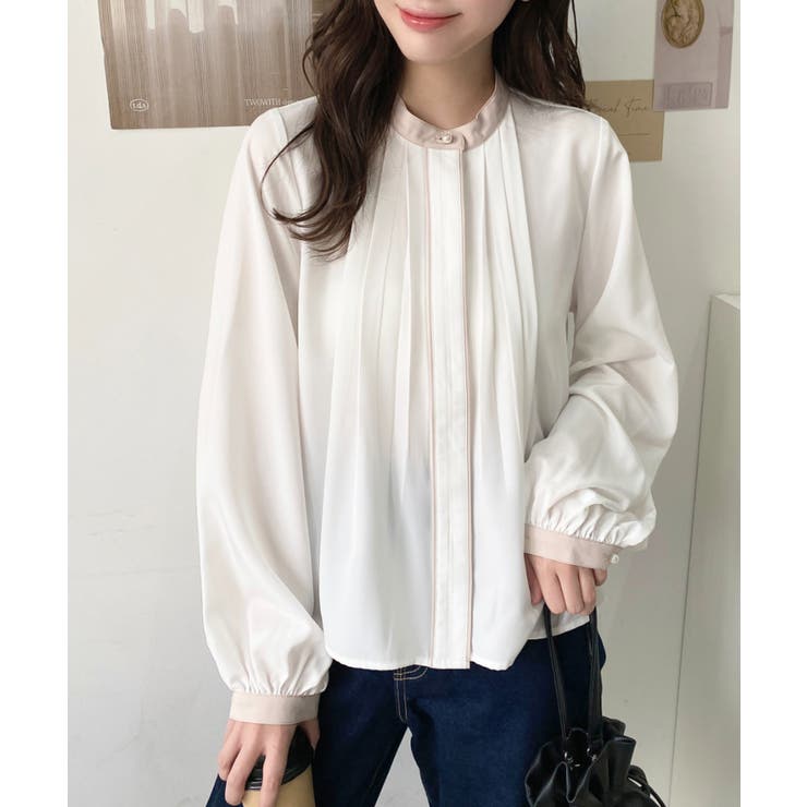 フロントタックバイカラーデザイン長袖ブラウス | moment+ | 詳細画像7 